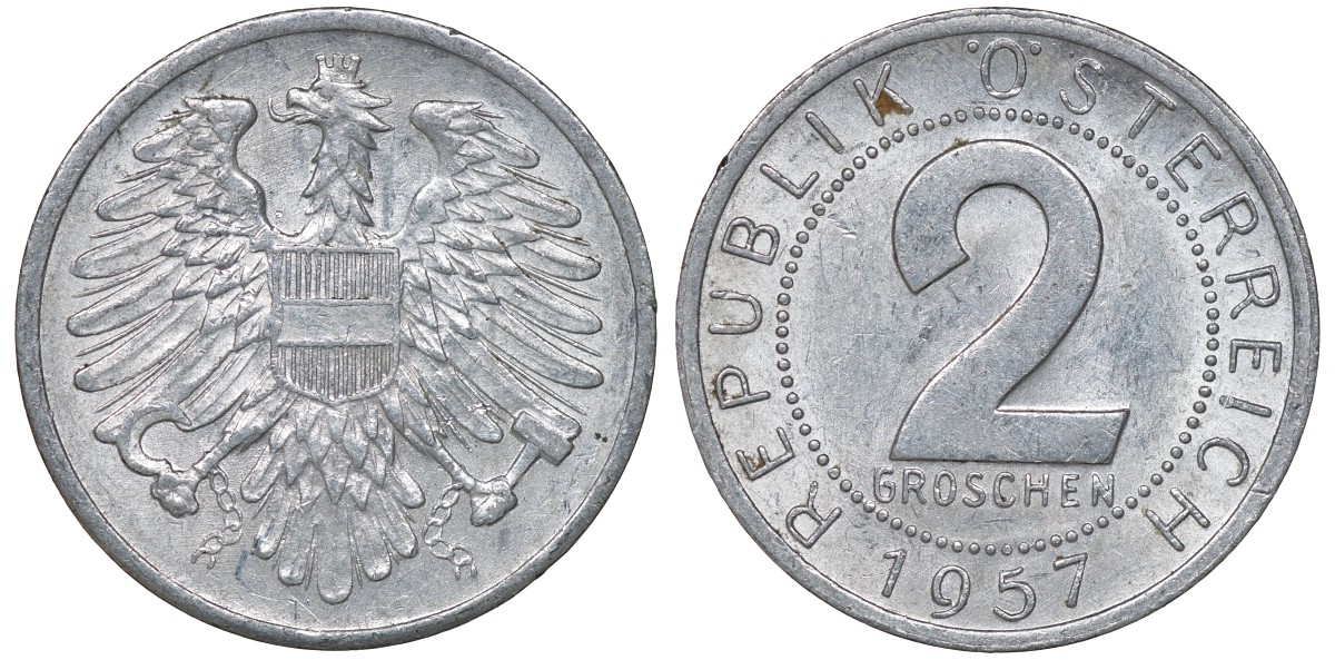 Австрия 2 гроша 1957 KM 2876 алюминий 4163-711