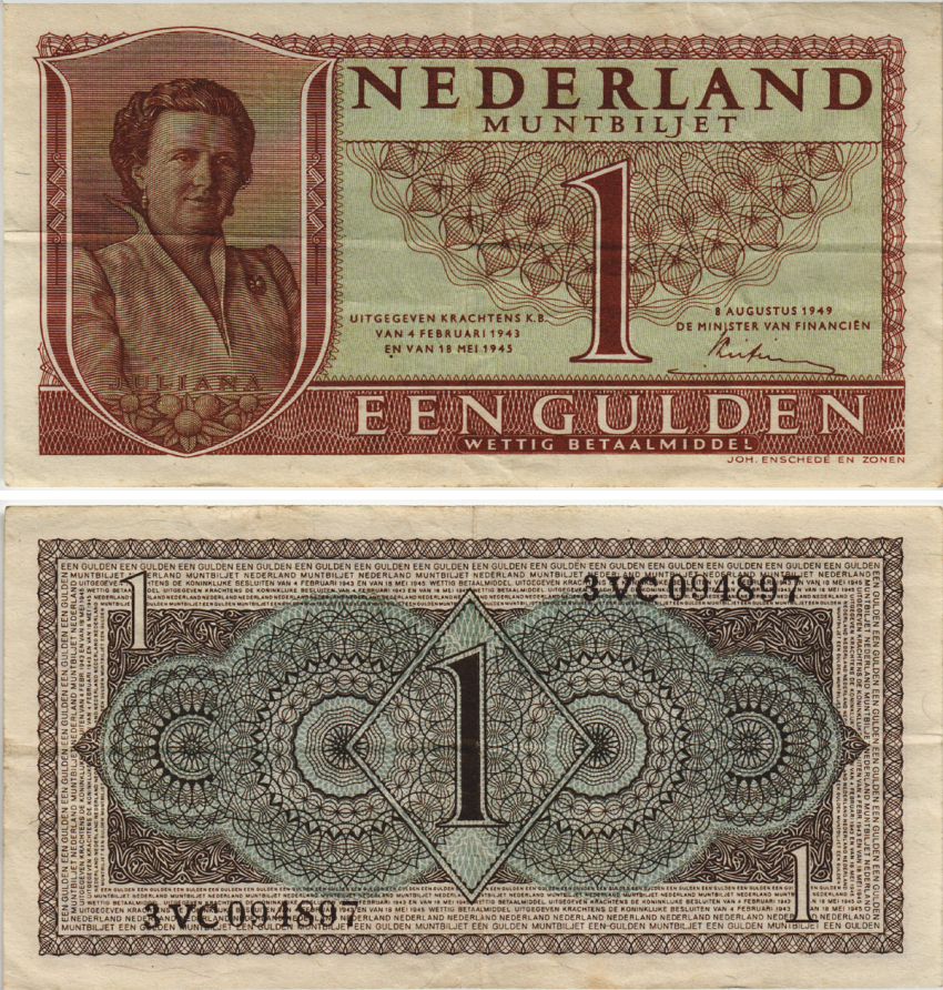 НИДЕРЛАНДЫ 1 ГУЛЬДЕН 1949 8 АВГУСТА 1949, КОРОЛЕВА ЮЛИАНА Pick 72 бумага 8604-12-1-2