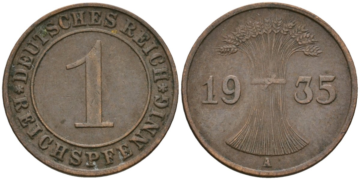 Германия 1 рейхспфенниг 1935 A KM 37, J. 313 бронза 4528-421