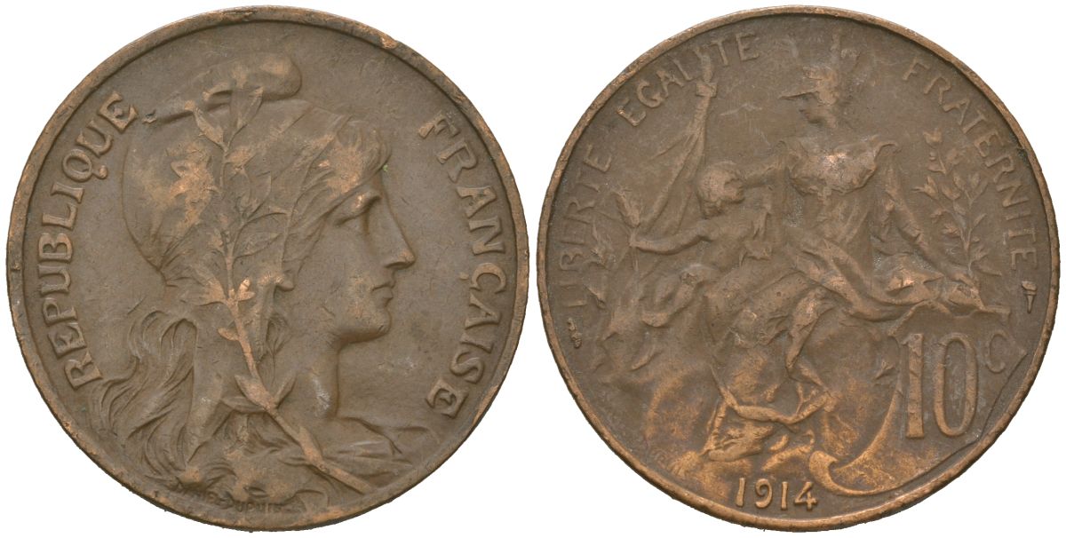 Франция 10 сантимов 1914 KM 843 бронза 221-821