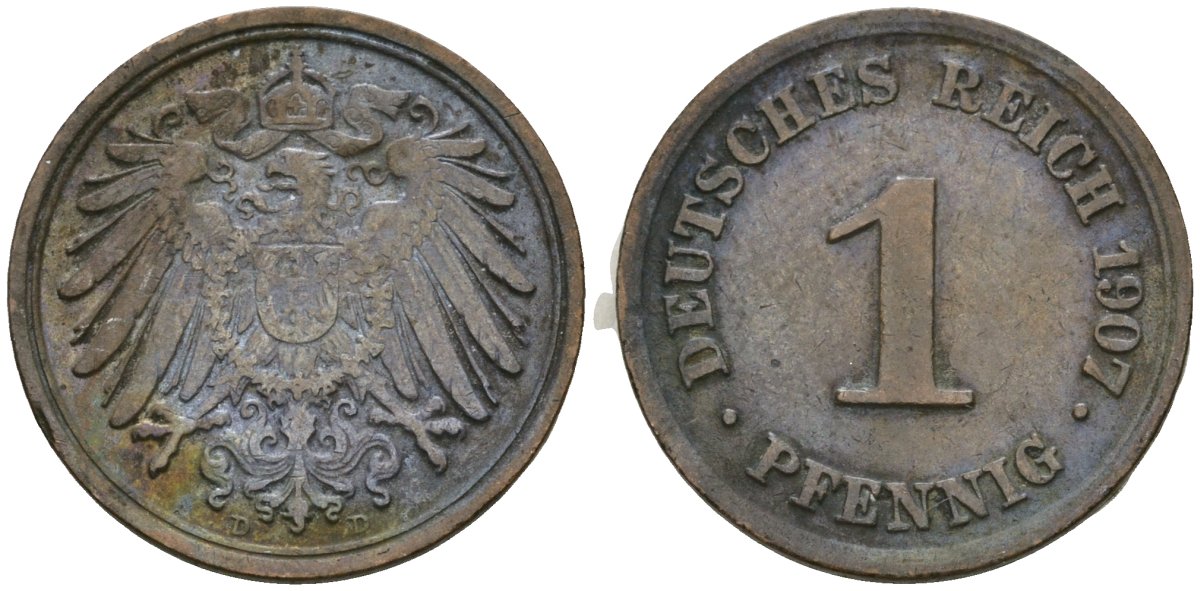 Германия 1 пфенниг 1907 D, Вильгельм II (1888-1918) KM 10, J. 10 медь 4608-149