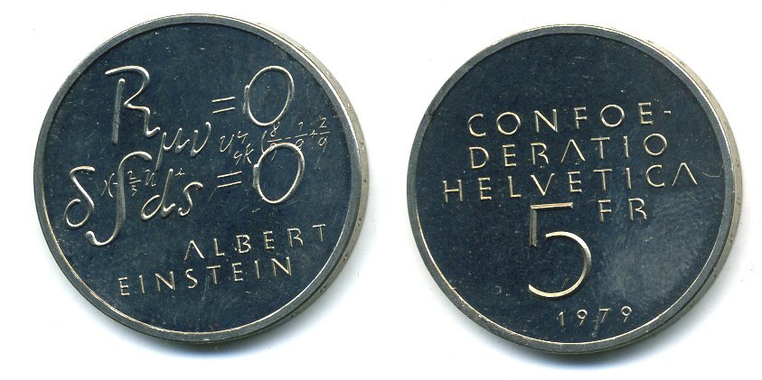 ШВЕЙЦАРИЯ 5 ФРАНКОВ 1979 100 ЛЕТ СО ДНЯ РОЖДЕНИЯ АЛЬБЕРТА ЭЙНШТЕЙНА, ФОРМУЛА KM 58 медно-никель 25-524