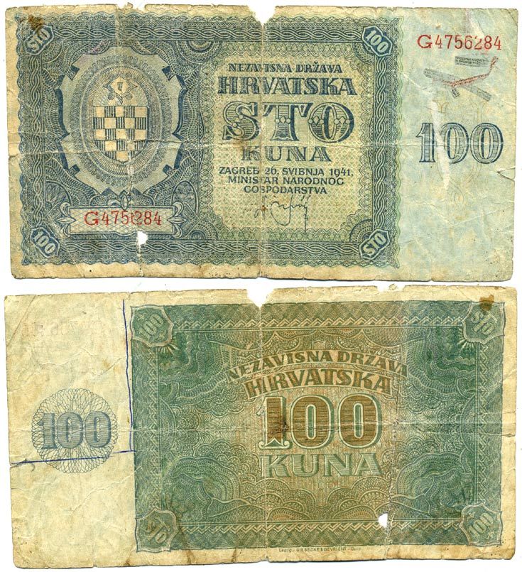 ХОРВАТИЯ 100 КУНА 1941 26 МАЯ 1941, ГЕРМАНСКАЯ ОККУПАЦИЯ ВТОРАЯ МИРОВАЯ ВОЙНА Pick 2 бумага 00-00