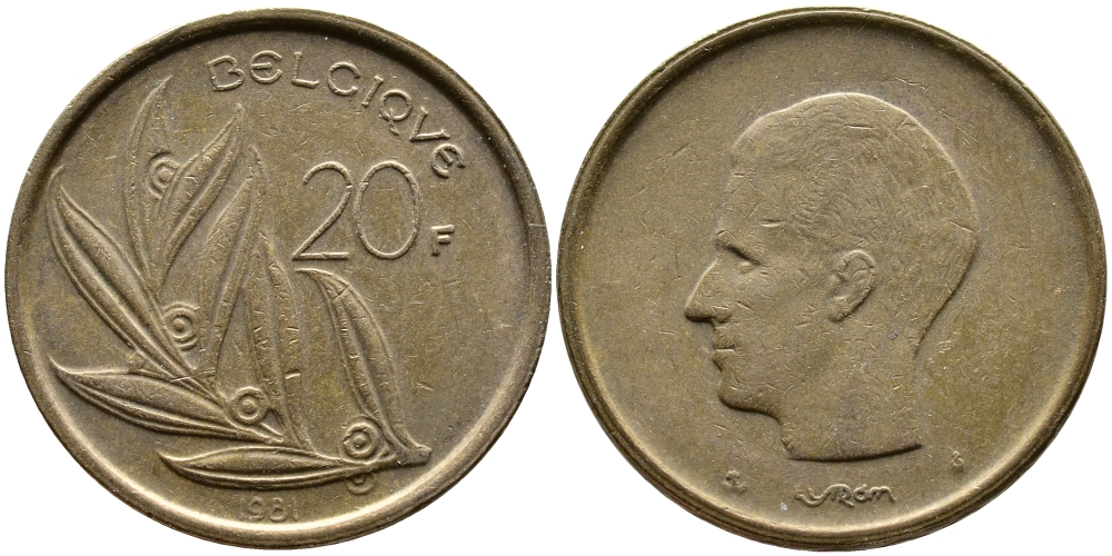 Бельгия 20 франков 1981 Belgique, Бодуэн I (1951-1993) KM 159 никель бронза 4388-1233