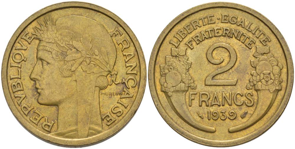 ФРАНЦИЯ 2 ФРАНКА 1939 ТИП MORLON KM 886, LE FRANC 268.12 алюминиевая бронза 3855-134