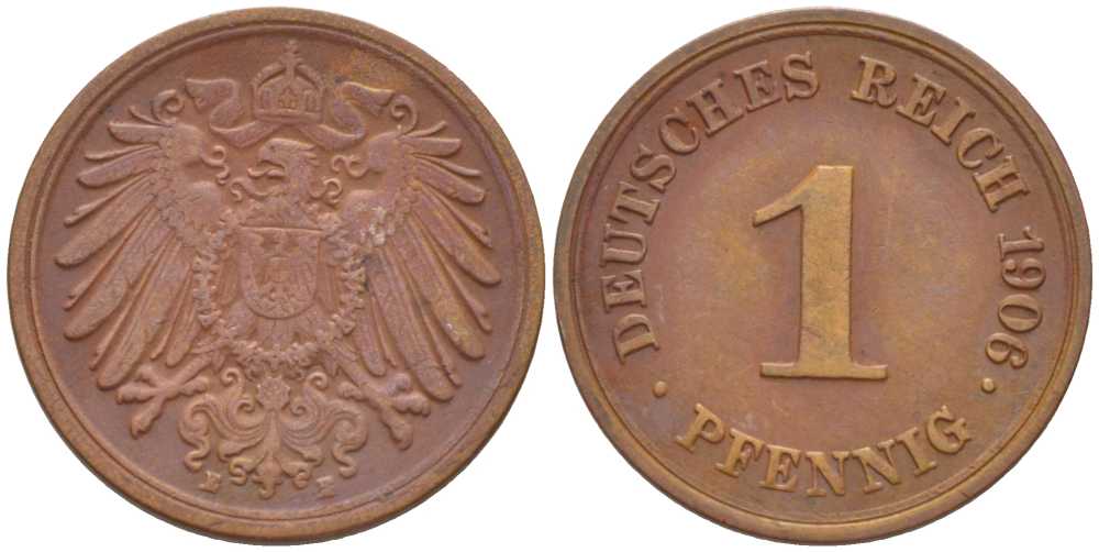 ГЕРМАНИЯ 1 ПФЕННИГ 1906 E KM 10, J. 10, Weege 2 медь 211-335