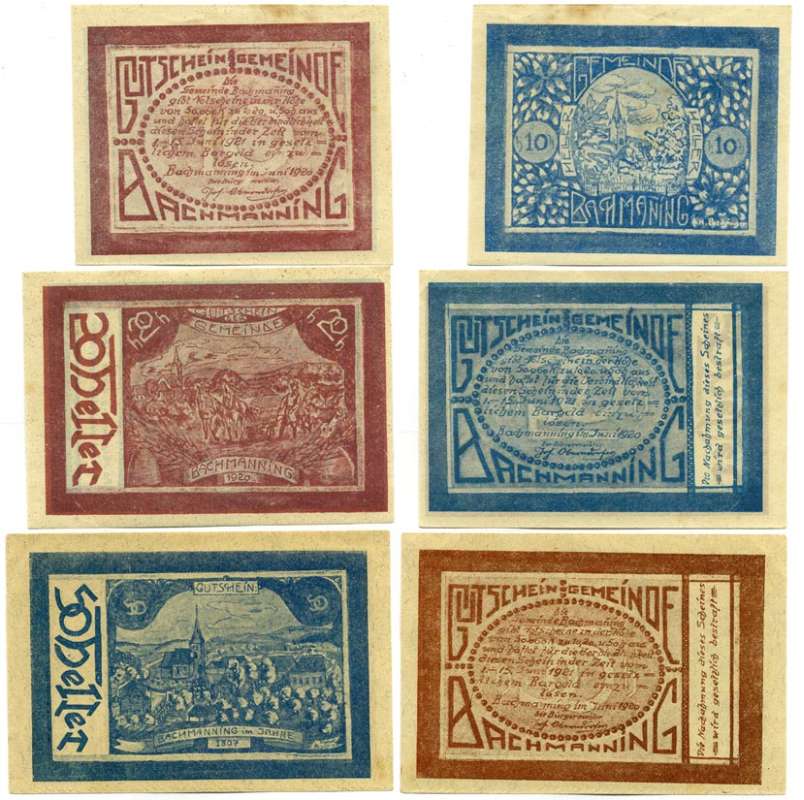 Австрия, Бахманнинг набор из 3 банкнот 10, 20, 50 геллеров 1920 июнь 1920 - 15 июня 1921, нотгельд, коммуна в земле Верхняя Австрия   бумага  аUNC  7555-22-4-2