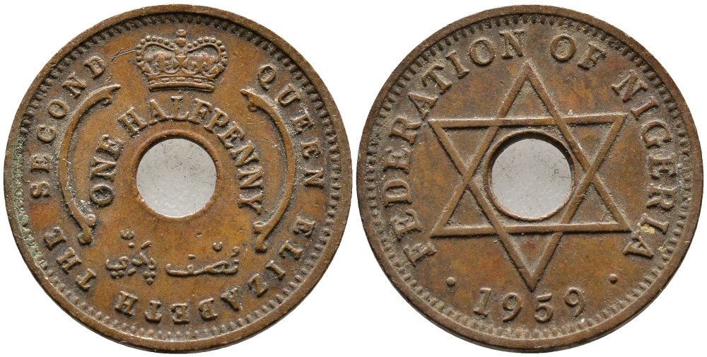Нигерия 1/2 пенни 1959 Елизавета II (1952-), Британский протекторат KM 1 бронза 4387-219