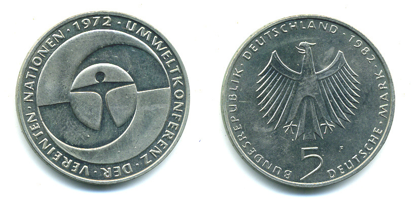 ФРГ 5 марок 1982 F, 10 лет конференции ООН по окружающей среде КМ 157, J.431 медно-никель плакированный никелем 87-1014