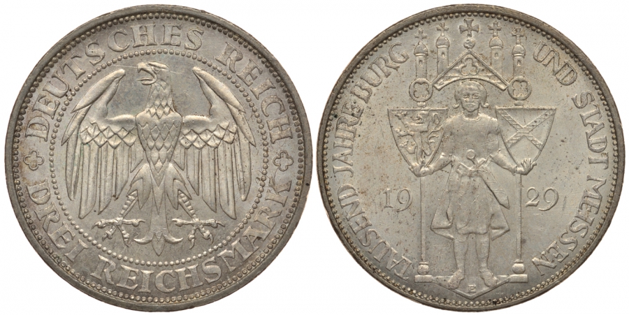 Германия 3 марки 1929 E, 1000 лет городу и земле Майсен Jaeger 338, KM 65 серебро  UNC 00-813-30