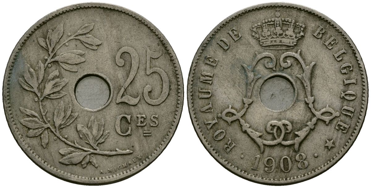 Бельгия 25 сантимов 1908 Belgique KM 62 медно-никель 4168-1135