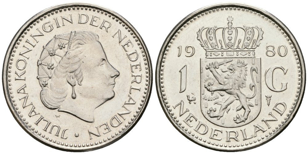 Нидерланды 1 гульден 1980 Юлиана (1948-1980) KM 184a никель UNC 4579-613