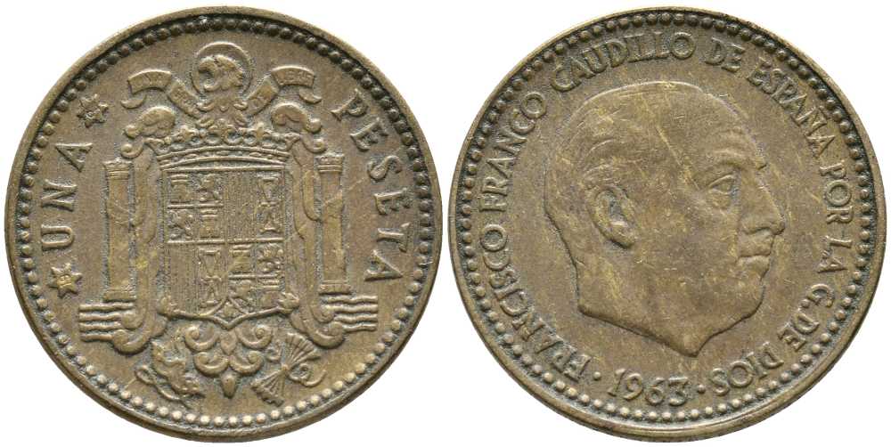 Испания 1 песета 1963 (64) Франсиско Франко (1939-1975) KM 775 алюминиевая бронза 110-1151
