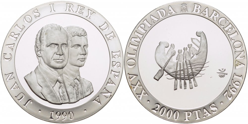 Испания 2000 песет 1990 XXV летние Олимпийские игры 1992 года в Барселоне, древняя лодка KM 865 серебро PROOF 04-174-23