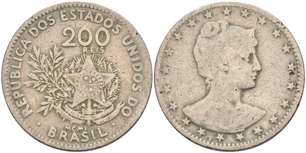 Бразилия 200 рейс 1901 голова свободы вправо KM 504 медно-никель 4589-1052
