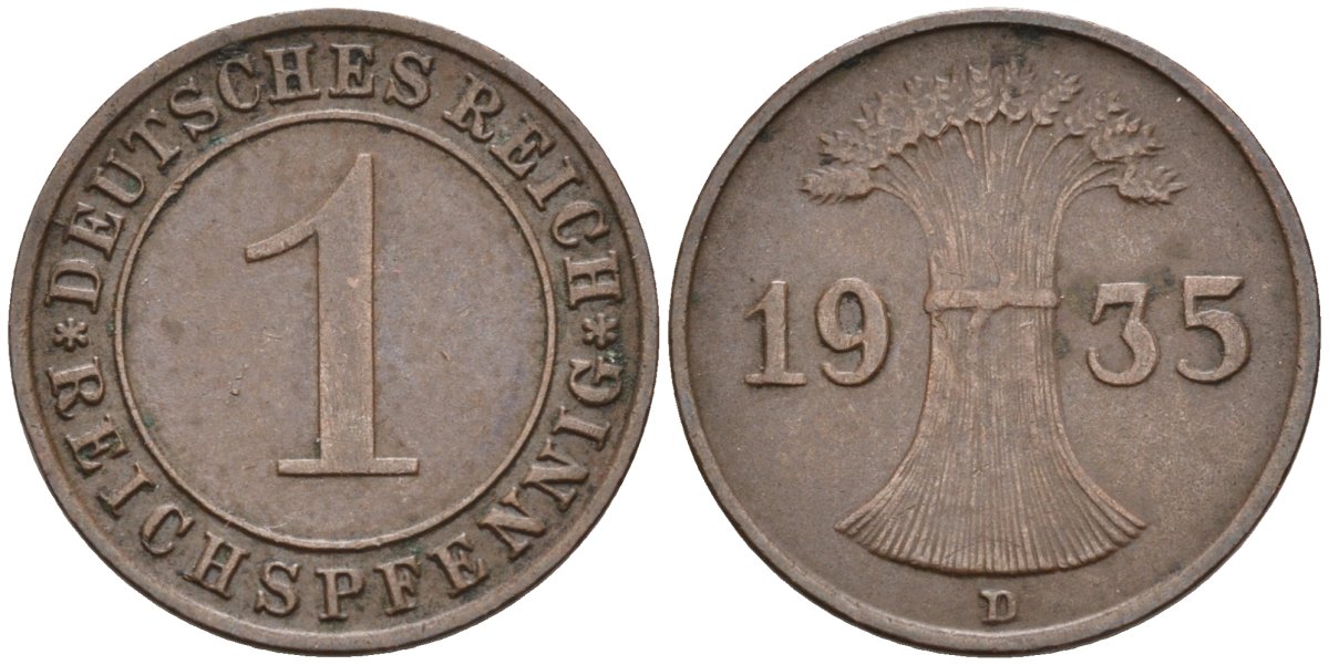 Германия 1 рейхспфенниг 1935 D, Веймарская республика KM 37 бронза 4547-729