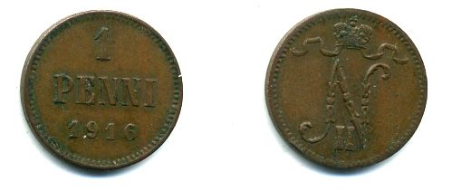 ФИНЛЯНДИЯ 1 ПЕННИ 1916 медь 46-426