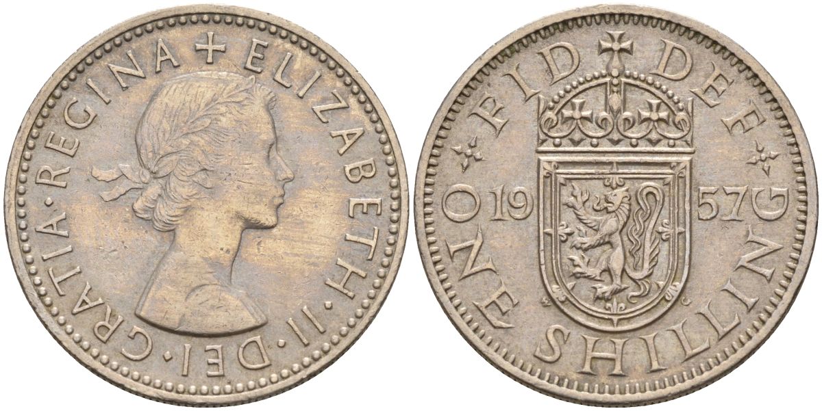 Великобритания 1 шиллинг 1957 Елизавета II (1952-2022), Шотландский герб KM 905, Spink 4148 медно-никель 4153-932