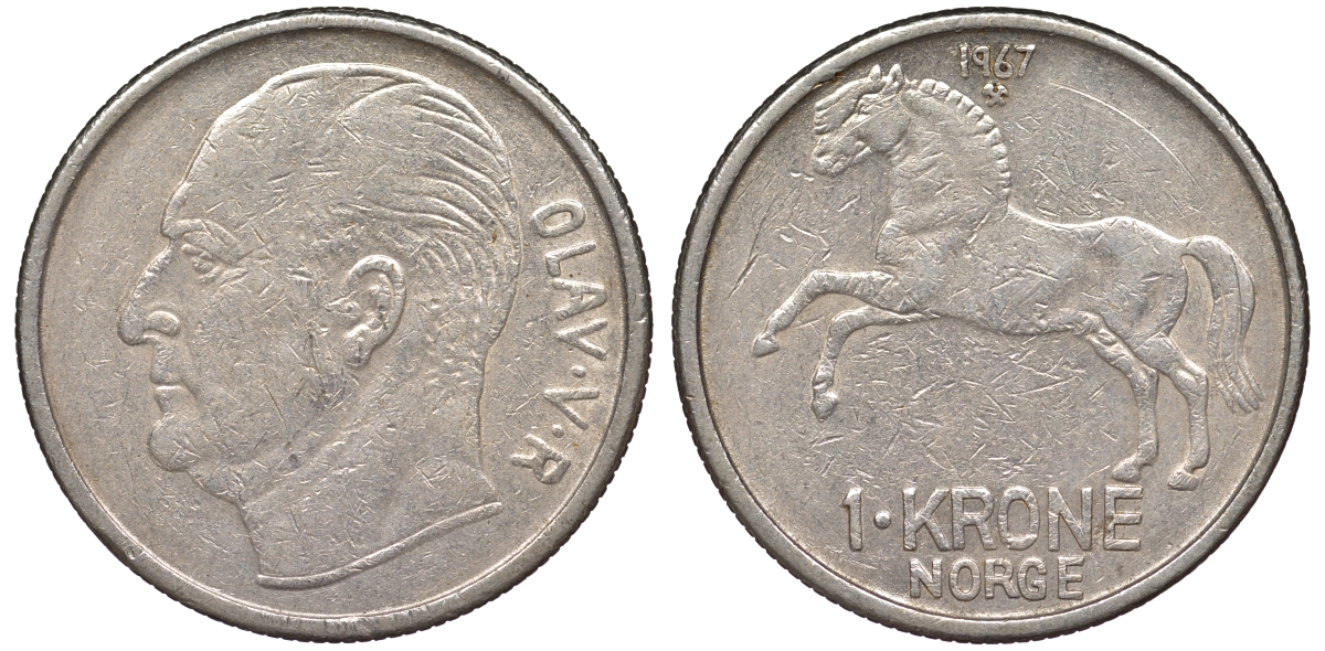 Норвегия 1 крона 1967 лошадь KM 409 медно-никель 25-2134