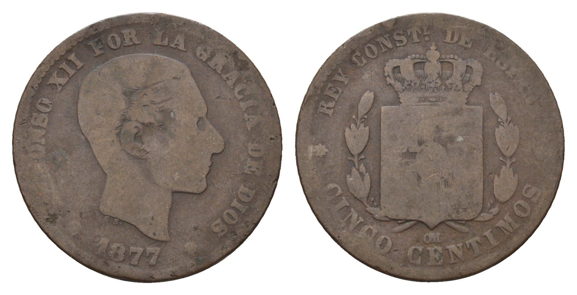 Испания 5 сентимо 1877 OM, Альфонсо XII (1874-1885) KM 674 бронза 4703-326