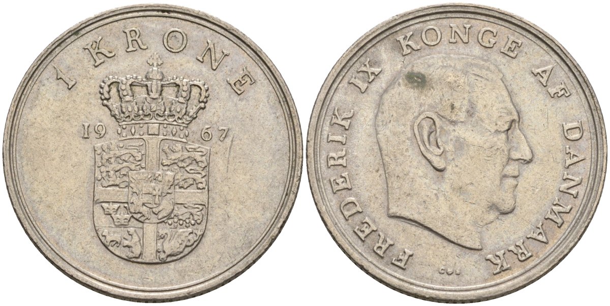 Дания 1 крона 1967 C; S, Фредерик IX (1947-1972) KM 851.1 медно-никель 4605-737