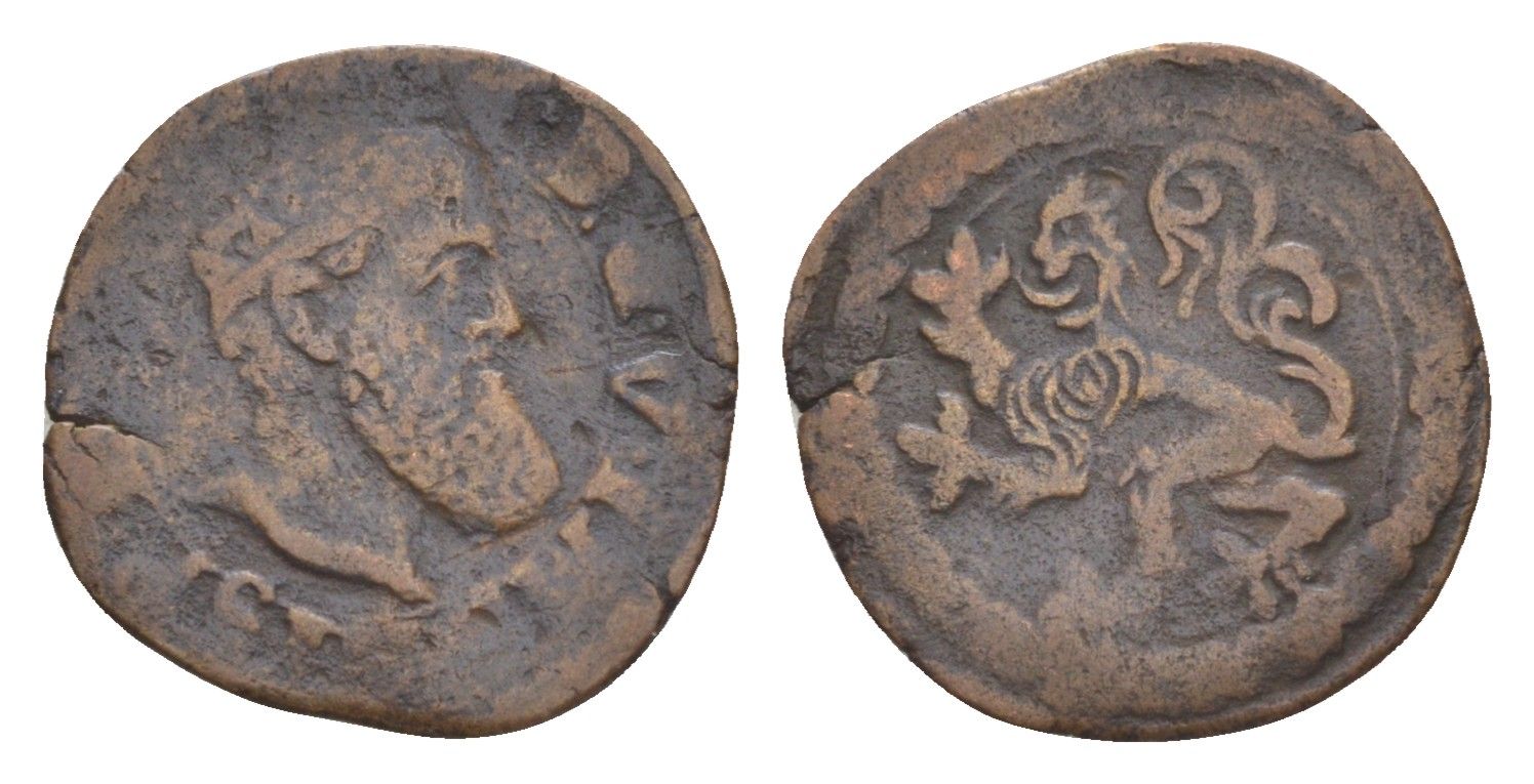 Испанские Нидерланды 2 мит (корте) 1555 монетное соотношение vdCh 2 20.13, HPM 1002, Gelder Hoc 198.4b медь 3711-811