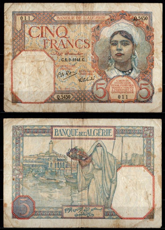 Алжир 5 франков 1941 Pick 77 b бумага 7217-43-1-2