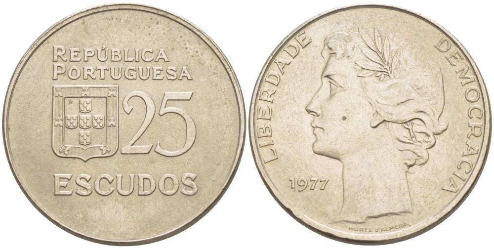 ПОРТУГАЛИЯ 25 ЭСКУДО 1977 KM 607 медно-никель 4542-815