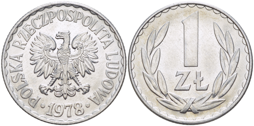 ПОЛЬША 1 ЗЛОТЫЙ 1978 КРЕМНИЦА KM 49.1, Parchimowicz 213r алюминий UNC 216-833