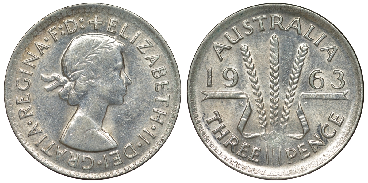 Австралия 3 пенса 1963 m, Елизавета II (1952-2022) KM 57 серебро 71-926
