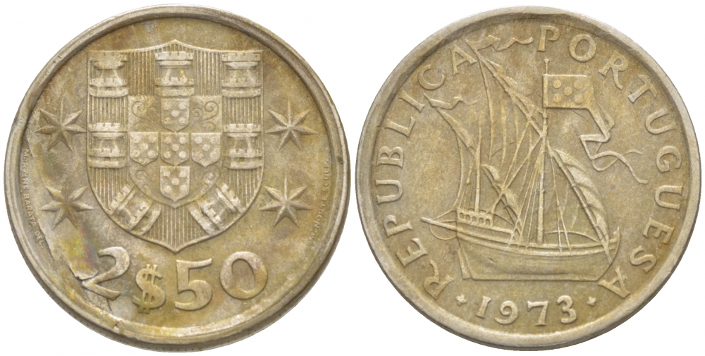 ПОРТУГАЛИЯ 2,5 ЭСКУДО 1973 ПАРУСНИК KM 590 медно-никель 3718-317