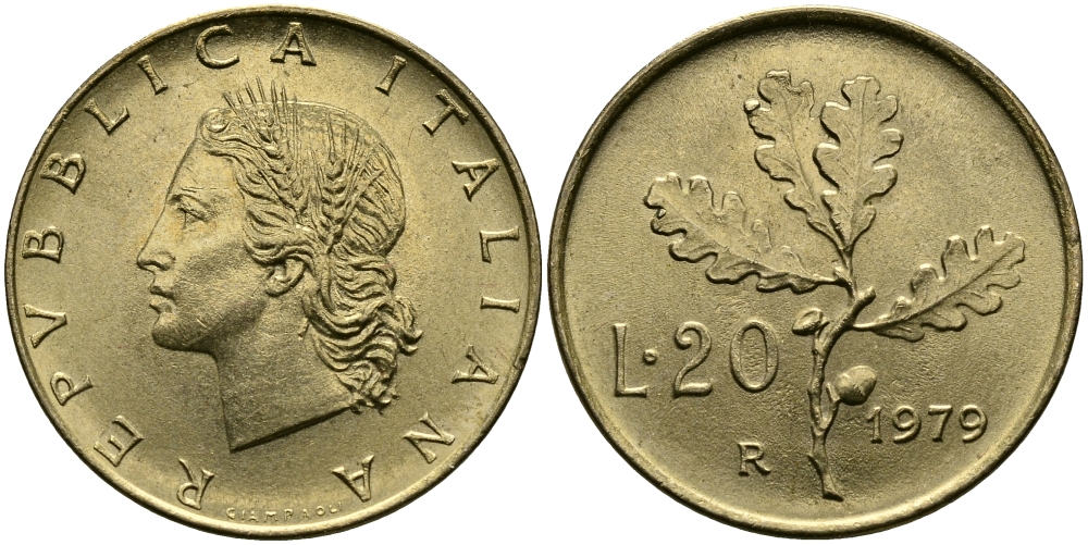 ИТАЛИЯ 20 ЛИР 1979 R KM 97.2 алюминиевая бронза 98-152