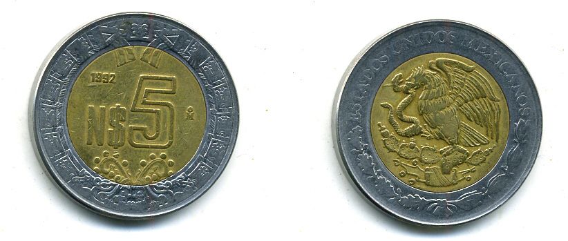 МЕКСИКА 5 ПЕСО 1992 биметалл 4-411