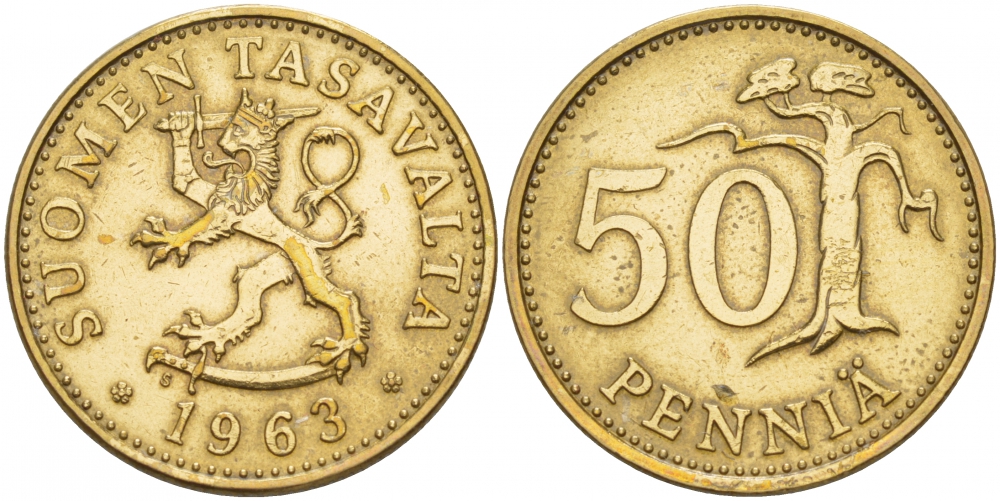 ФИНЛЯНДИЯ 50 ПЕННИ 1963 ПЕРВЫЙ ГОД KM 48 алюминиевая бронза 4548-257