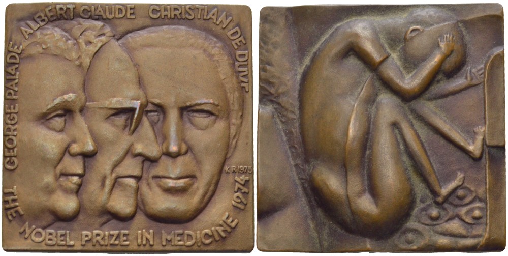 НИДЕРЛАНДЫ ПЛАКЕТКА 1975 ДЖОРДЖ ПАЛАДЕ (1912-2008), АЛЬБЕРТ КЛОД (1899-1983), КРИСТИАН де ДЮВ (1917-2013) ЛАУРЕАТУ НОБЕЛЕВСКОЙ ПРЕМИИ ПО МЕДИЦИНЕ И ФИЗИОЛОГИИ 1974 ГОДА, РАЗМЕР 40Х40 ММ. бронза 1088-2-43