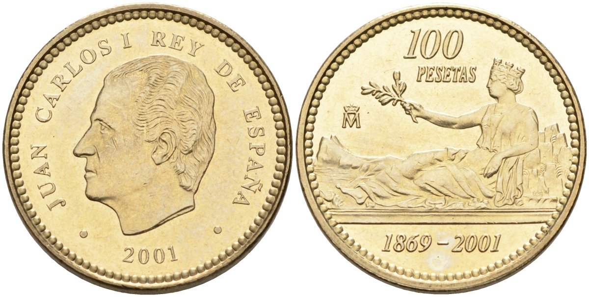 Испания 100 песет 2001 132 года Испанской песете, Хуан Карлос I (1975-2001) KM 1016 алюминиевая бронза 4583-1012