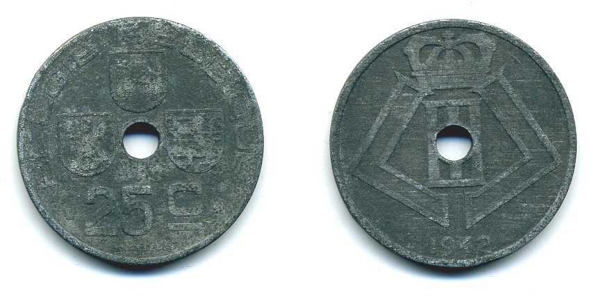 БЕЛЬГИЯ 25 САНТИМОВ 1942 BELGIQUE KM 132 цинк 57-233