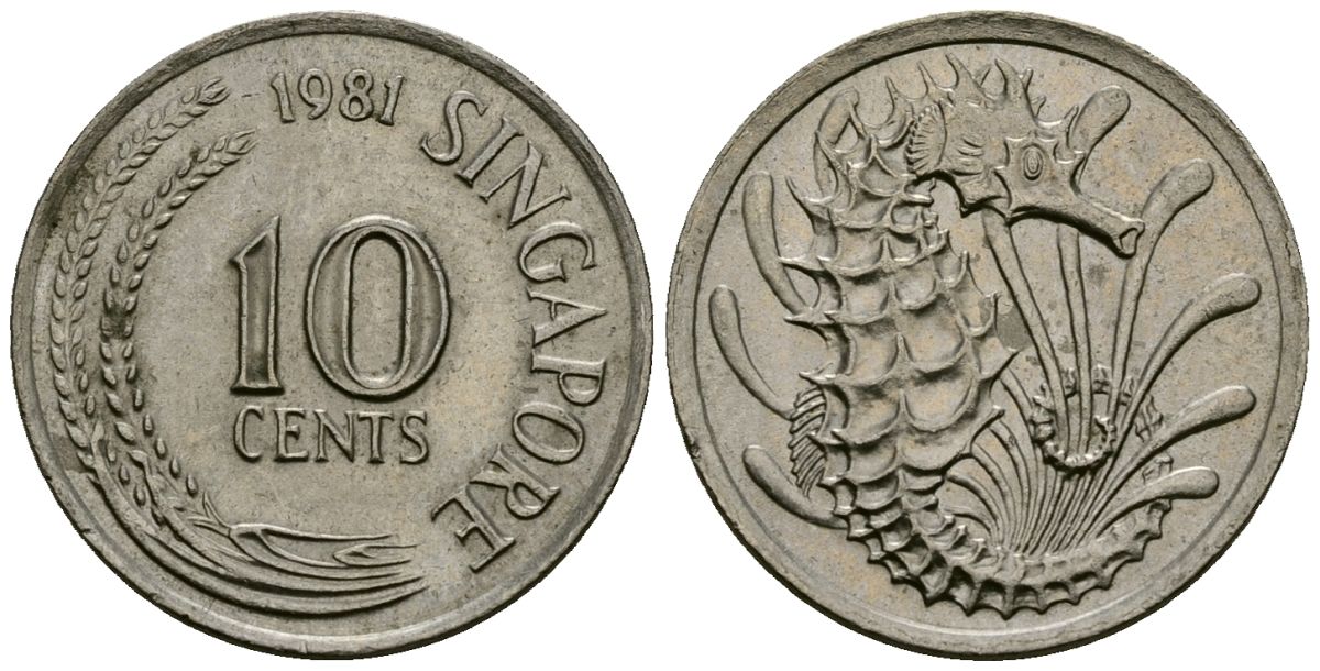 Сингапур 10 центов 1981 морской конёк KM 3 медно-никель 4138-952