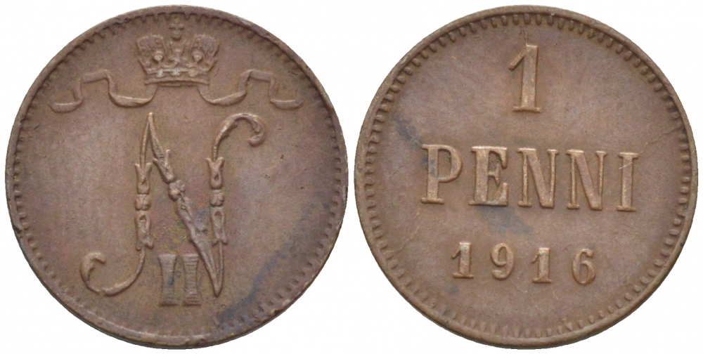 РОССИЯ ДЛЯ ФИНЛЯНДИИ 1 ПЕННИ 1916 НИКОЛАЙ II (1895-1917) KM 13, Биткин 476 медь 211-1054