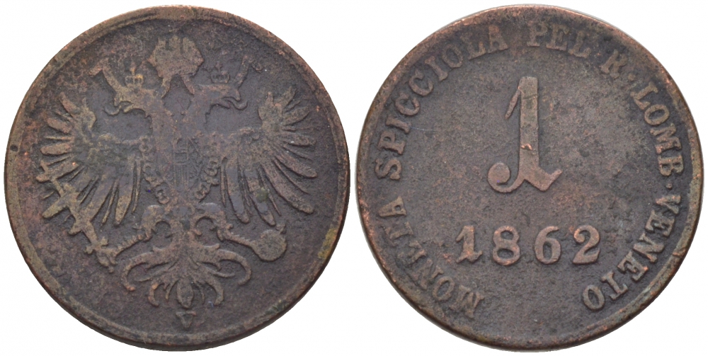 ИТАЛИЯ, ЛОМБАРДИЯ-ВЕНЕЦИЯ 1 СОЛЬДО 1862 MINT MARK V, ВЕНЕЦИЯ KM 35.3 медь 100-369