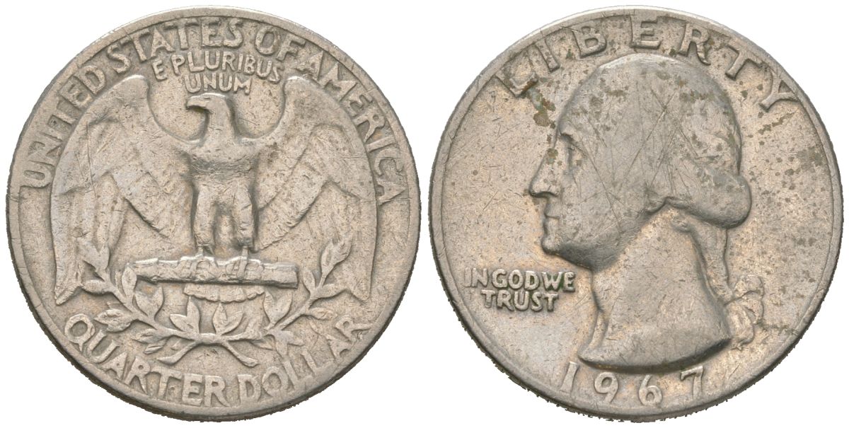 США 25 центов (квотер) 1967 Вашингтон KM 164a медь плакированная медно-никелем 4604-1154