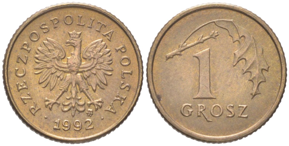 Польша 1 грош 1992 Y 276 марганец латунь UNC 4614-563