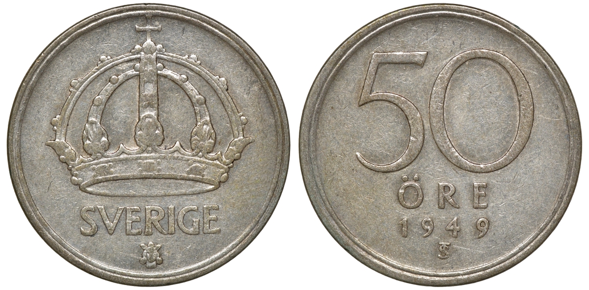 Швеция 50 эре 1949 TS, Густав V (1907-1950) KM 817 серебро 4179-1011