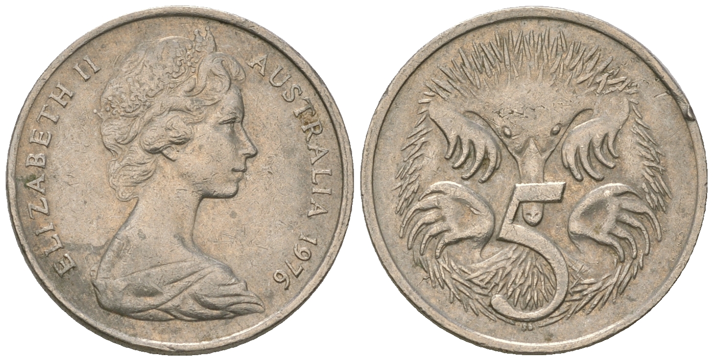 Австралия 5 центов 1976 Елизавета II (1952-2022), ехидна KM 64 медно-никель 4668-1163