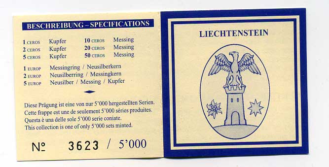Лихтенштейн евронабор из 9 монет (с 5 евро) 2004 в оригинальной коробке, с сертификатом, PROBA, пробники    PROOF  5-4-6-11