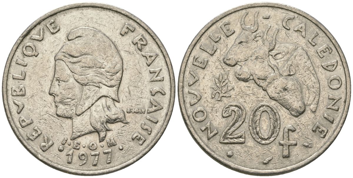 Французская Новая Каледония 20 франков 1977 три быка, (IEOM) KM 12, Schoen 14, Lec 107 никель 4680-415