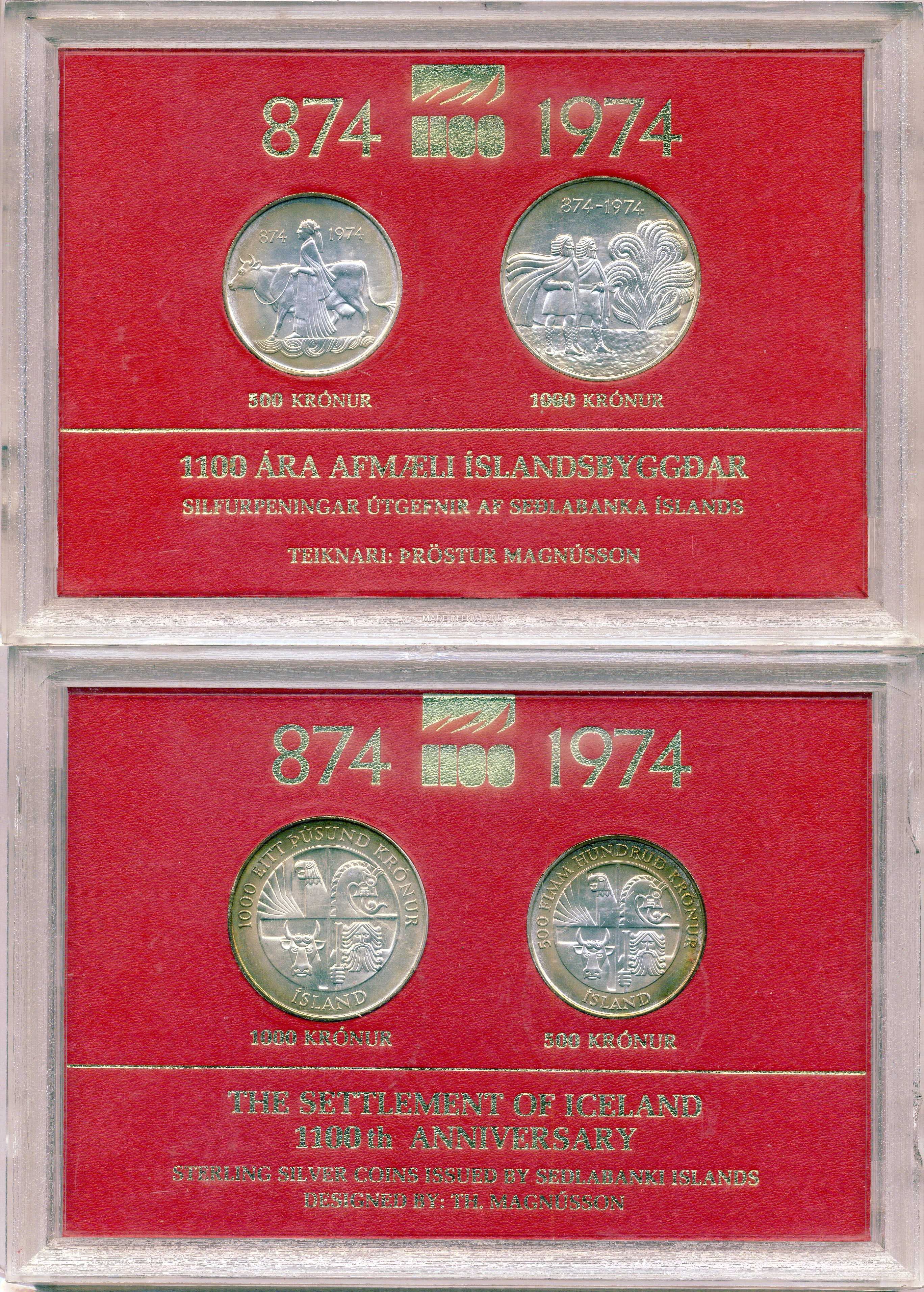 Исландия набор из 2 монет (500 и 1000 крон) 1974 1100 лет первым поселенцам, в оригинальной упаковке KM 20 и 21 серебро BU 3-6-2-04