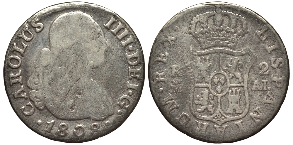 Испания 2 реала 1808 M AL, мондвор (Мадрид), Карлос IIII (1788-1808) KM 430.1 ( C69.1) серебро 1522-514