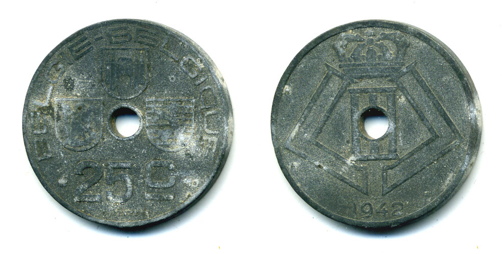 БЕЛЬГИЯ 25 САНТИМОВ 1942 BELGIE-BELGIQUE, ГЕРМАНСКАЯ ОККУПАЦИЯ, ВТОРАЯ МИРОВАЯ ВОЙНА KM 132 цинк 86-1022