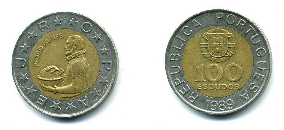 Португалия 100 эскудо 1989 Педру Нуниш (1502-1578), математик KM 645.1 биметалл 51-4722